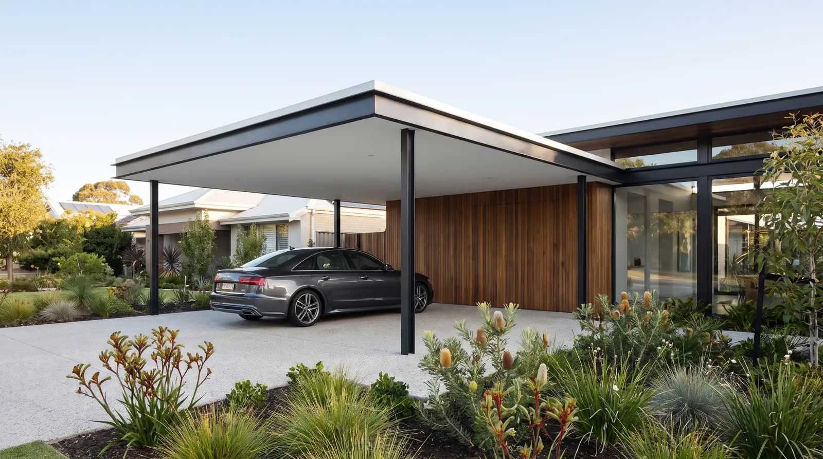 A sleek flat-roof carport beside a modern Perth home